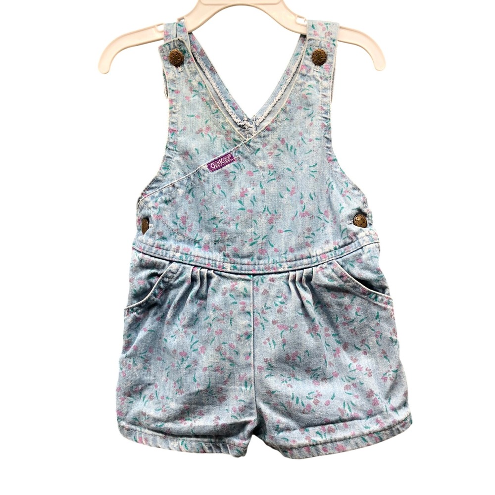 Vintage 80s 90s OshKosh B'Gosh Purple Tag Floral Denim Shortalls Overalls 3T